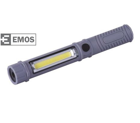 LED pracovná lampa EMOS 3W COB LED + 1 LED, na 3x AAA - Šedá